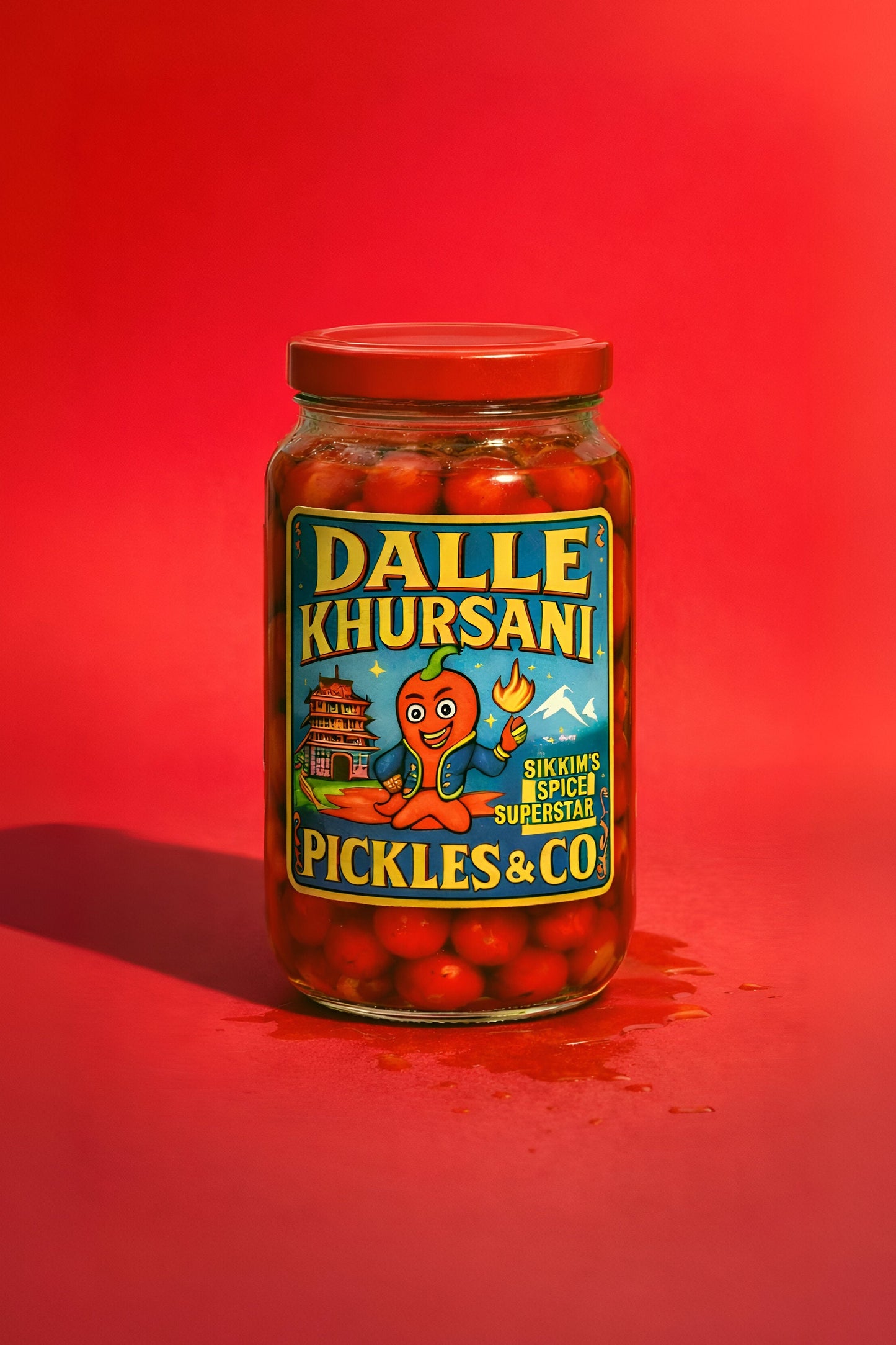 Jar of Dalle Khursani Pickles & Co. on a red background